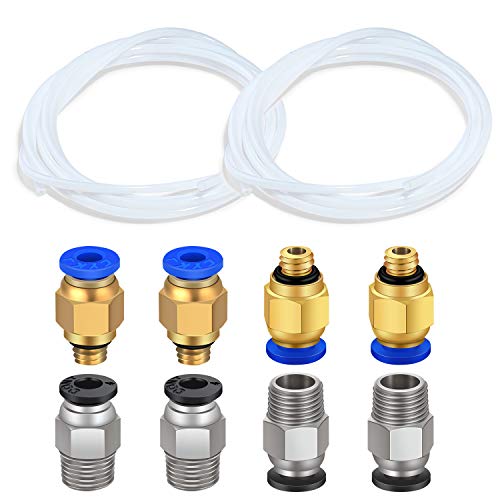 TUZUK 2 Stück Teflonschlauch PTFE, weiß, 2 m mit 4 Stück PC4-M6 Schnellmontage und 4 Stück geraden pneumatischen Fitting Push für PC4-M10 zum Anschluss für 3D-Drucker 1,75 mm Filament von TUZUK