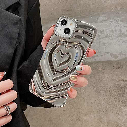 TUita Galvanisieren Silber 3D Herz Wasser Welligkeit Handyhülle für iPhone 14 13 12 11 15 Pro Max Hüllen Weiches Silikon, Silber, für iPhone 15Pro Max von TUita