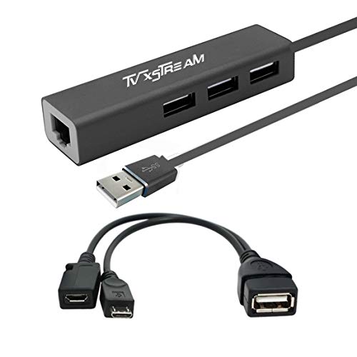 TV xStream LAN-Ethernet-Adapter mit 3 USB-Port-Hub für TV-Streaming-Geräte, Stick 2. Generation, 4K Firestick, plus USB-OTG-Y-Adapter von TV xStream