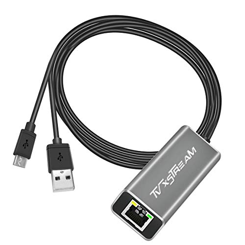 USB Ethernet Adapter (Silber) für Fire TV Stick Lite/4K/4k Max Firestick oder Chromecast mit Micro nicht Typ C Anschluss, USB auf RJ45 Ethernet, 3ft (1m) USB Netzteilkabel, Geschwindigkeiten bis zu von TV xStream
