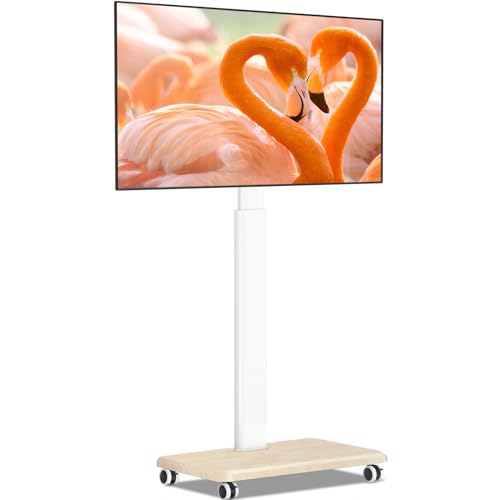 TVON Weiß TV Ständer mit Rollen für 32-65 Zoll Fernseher,Holz TV Standfuss Mobiler Fernsehständer Rollbar Höhenverstellbar Schwenkbar TV Bodenständer mit Holzfuß bis 40kg Max. VESA 400x400mm von TVON