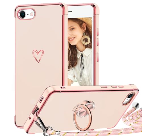 TVVTPU Handykette für iPhone 7/8/ SE 2020/ SE 2022 Hülle mit Band, Herz Muster Handyhülle mit Ring Ständer Stoßfeste Kratzfest TPU Bumper Schutzhülle mit Kordel zum Umhängen (Abnehmbar), Rosa von TVVTPU