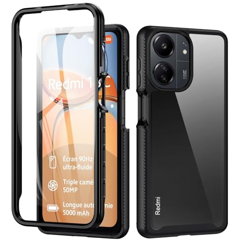 TVVTPU für Xiaomi Redmi 13C/Redmi 13 C/Poco C65 Hülle, 360 Grad Rundumschutz Handyhülle mit Eingebautem Displayschutz, Stoßfest Panzerhülle Robuste Transparent Doppelseitig Outdoor Case, Schwarz von TVVTPU