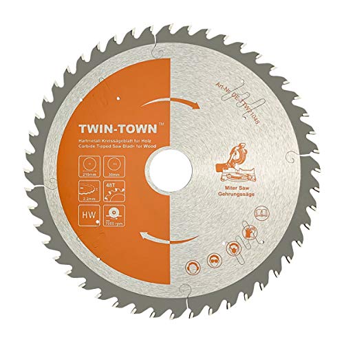 TWIN-TOWN HM Kreissägeblatt Holz 210x30mm Z48, Reduzierring 20 mm, Ideal für Bauholz Naturholz Hartholz Schalholz Faserplatten Leimholz zum Sägen mit Gehrungssäge von TWIN-TOWN