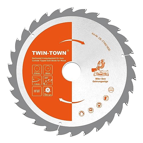 TWIN-TOWN HM Kreissägeblatt Holz 216x30mm Z30, Reduzierring 20 mm, Ideal für Bauholz Naturholz Hartholz Schalholz Faserplatten Leimholz zum Sägen mit Gehrungssäge und Tischkreissäge von TWIN-TOWN