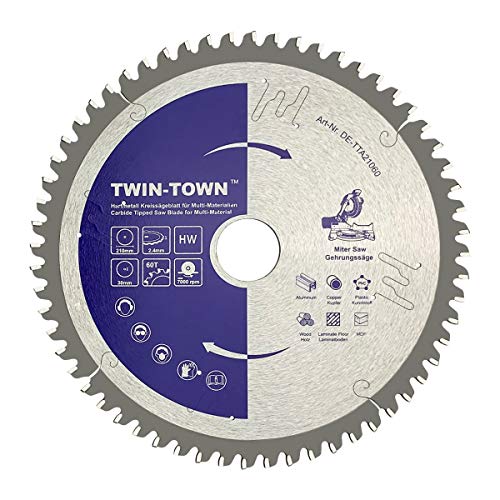 TWIN-TOWN HM Kreissägeblatt Multi-Material 210x30mm Z60 tischkreissäge, Reduzierring 20 mm, Ideal für Holz, Laminat, MDF, Aluminium, Kunststoff, Parkett und Kupfer zum Sägen mit Gehrungssäge von TWIN-TOWN