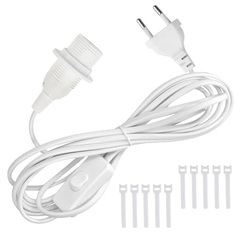 TXErfolg Lampenfassung E14 mit Schalter und Stecker Weiß E14 Fassung mit 5M Netzkabel Schraubring, 2 x 0,75 mm², Lampenaufhängung für Pendelleuchte Deckenlampe DIY Lampen(Weiß) von TXErfolg