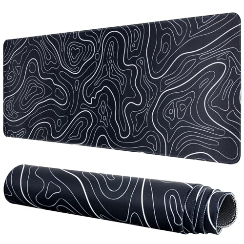 Gaming Mauspad Topographische Lange Mousepad Große 31.5 X 11.8 Zoll Schreibtischunterlage Matte mit rutschfester Basis genähte Rand Tastatur Matte für Büro Schreibtisch Unterlegmatte (Schwarz) von TXWWUS