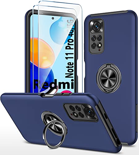 Für Xiaomi Redmi Note 11 Pro 5G/4G hülle Silikon Mit 360° Ring Ständer + Hartglas Schutzfolie *2, Hybrid Schutzhülle Militär Stoßfest Case, Für Redmi Note 11 Pro Handyhülle Kratzfest, Blau von TXXO