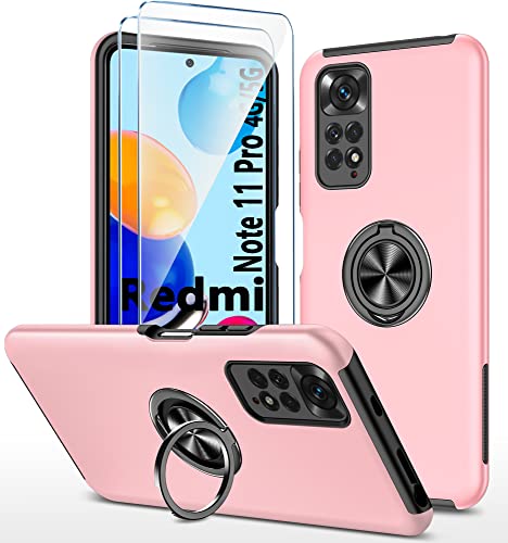 Für Xiaomi Redmi Note 11 Pro 5G/4G hülle Silikon Mit 360° Ring Ständer + Hartglas Schutzfolie *2, Hybrid Schutzhülle Militär Stoßfest Case, Für Redmi Note 11 Pro Handyhülle Kratzfest, Rosa von TXXO