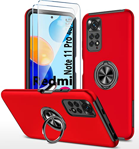 Für Xiaomi Redmi Note 11 Pro 5G/4G hülle Silikon Mit 360° Ring Ständer + Hartglas Schutzfolie *2, Hybrid Schutzhülle Militär Stoßfest Case, Für Redmi Note 11 Pro Handyhülle Kratzfest, Rot von TXXO