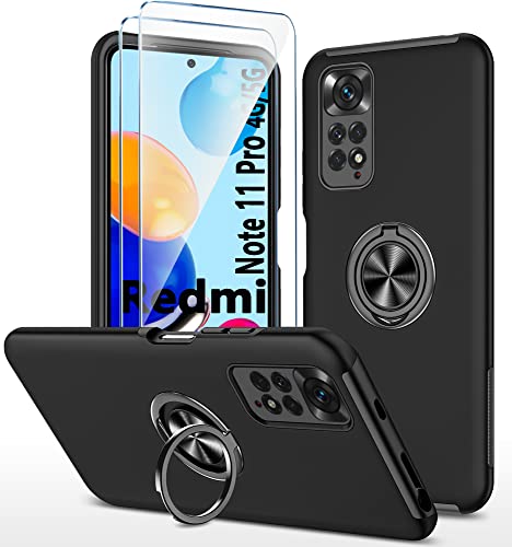 Für Xiaomi Redmi Note 11 Pro 5G/4G hülle Silikon Mit 360° Ring Ständer + Hartglas Schutzfolie *2, Hybrid Schutzhülle Militär Stoßfest Case, Für Redmi Note 11 Pro Handyhülle Kratzfest, Schwarz Für Xiaomi Redmi Note 11 Pro 5G/4G hülle Silikon Mit 360° Ring Ständer + Hartglas Schutzfolie *2, Hybrid Schutzhülle Militär Stoßfest Case, Für Redmi Note 11 Pro Handyhülle Kratzfest, Schwarz von TXXO