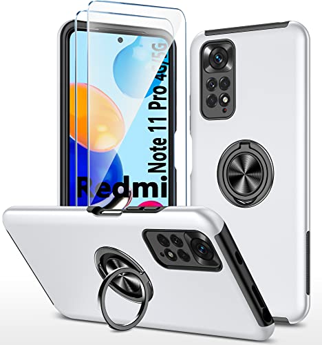 Für Xiaomi Redmi Note 11 Pro 5G/4G hülle Silikon Mit 360° Ring Ständer + Hartglas Schutzfolie *2, Hybrid Schutzhülle Militär Stoßfest Case, Für Redmi Note 11 Pro Handyhülle Kratzfest, Silber von TXXO