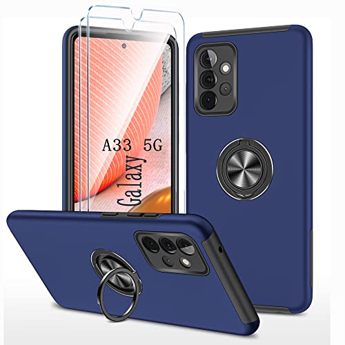 Handyhülle für Samsung Galaxy A33 5G hülle mit Hartglas schutzfolie *2, Stoßfest Schutzhülle mit Metall Ring Ständer Panzer Schutz Bumper Cover Silikon Case Für Samsung A33 5G (6.4 ") - Blau von TXXO