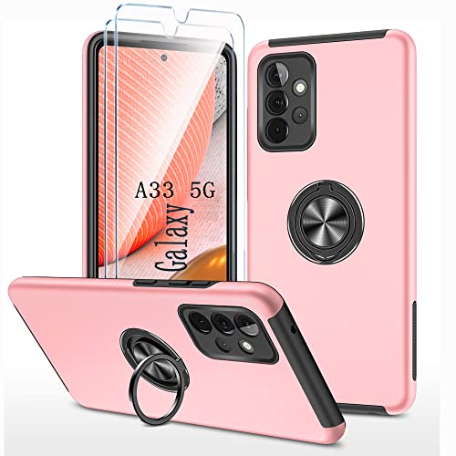 Handyhülle für Samsung Galaxy A33 5G hülle mit Hartglas schutzfolie *2, Stoßfest Schutzhülle mit Metall Ring Ständer Panzer Schutz Bumper Cover Silikon Case Für Samsung A33 5G (6.4 ") - Rosa von TXXO