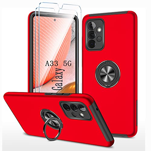 Handyhülle für Samsung Galaxy A33 5G hülle mit Hartglas schutzfolie *2, Stoßfest Schutzhülle mit Metall Ring Ständer Panzer Schutz Bumper Cover Silikon Case Für Samsung A33 5G (6.4 ") - Rot von TXXO
