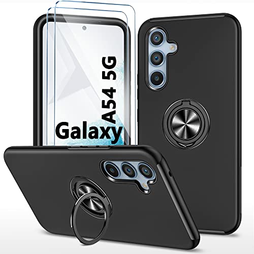 Handyhülle für Samsung Galaxy A54 5G hülle mit Gehärtetes Glas schutzfolie *2, Stoßfest Schutzhülle mit Metall Ring Ständer Panzer Schutz, Bumper Cover Silikon Case für Samsung A54 (6.4 ") - Schwarz von TXXO