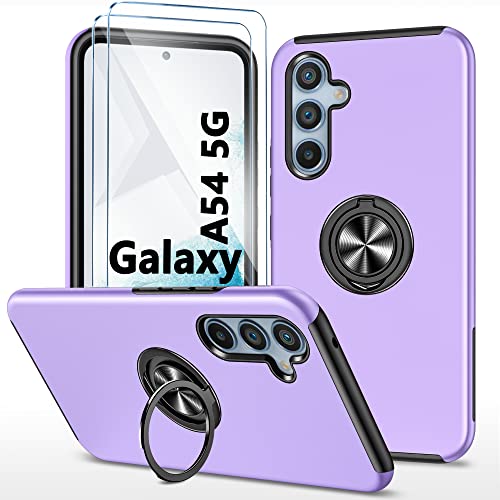 Handyhülle für Samsung Galaxy A54 5G hülle mit Gehärtetes Glas schutzfolie *2, Stoßfest Schutzhülle mit Metall Ring Ständer Panzer Schutz, Bumper Cover Silikon Case für Samsung A54 (6.4 ") - Lila von TXXO