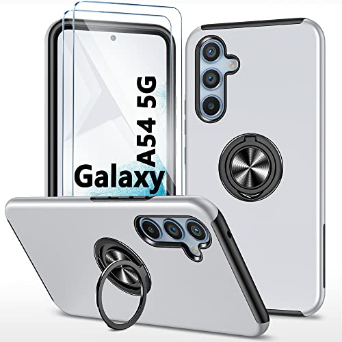 Handyhülle für Samsung Galaxy A54 5G hülle mit Hartglas schutzfolie *2, Stoßfest Schutzhülle mit Metall Ring Ständer Panzer Schutz, Bumper Cover Silikon Case für Samsung A54 (6.4 ") - Silber von TXXO