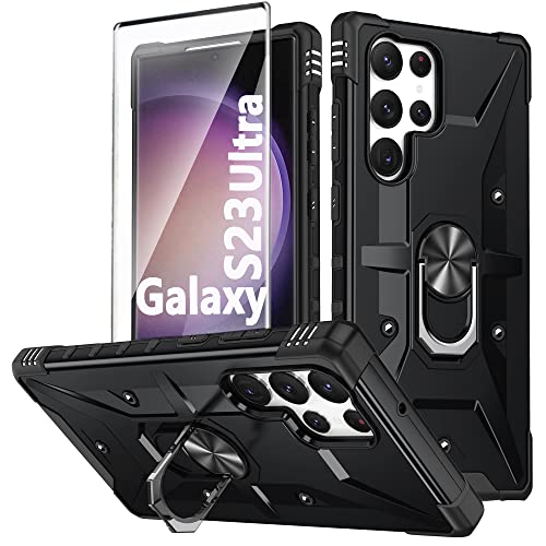 Handyhülle für Samsung Galaxy S23 Ultra 5G hülle Silikon mit 2 Stück Hartglas Schutzfolie 360 Metall Ring Ständer Hybrid Militär Stoßfest Kratzfeste Schutzhülle für Samsung S23 Ultra - Schwarz Handyhülle für Samsung Galaxy S23 Ultra 5G hülle Silikon mit 2 Stück Hartglas Schutzfolie 360 Metall Ring Ständer Hybrid Militär Stoßfest Kratzfeste Schutzhülle für Samsung S23 Ultra - Schwarz von TXXO