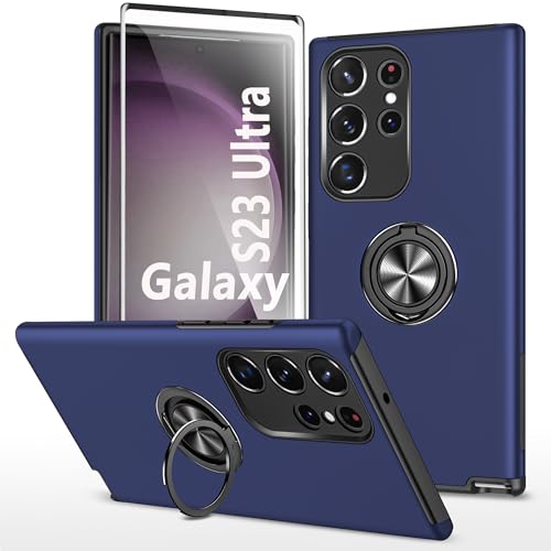 Handyhülle für Samsung Galaxy S23 Ultra 5G hülle mit Hartglas schutzfolie Stoßfest Schutzhülle mit Metall Ring Ständer Panzer Schutz Bumper Cover Silikon Case Für Samsung S23 Ultra hülle - Blau von TXXO