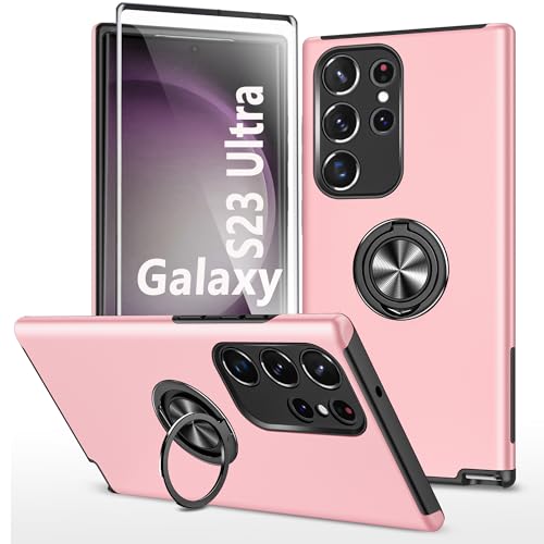 Handyhülle für Samsung Galaxy S23 Ultra 5G hülle mit Hartglas schutzfolie Stoßfest Schutzhülle mit Metall Ring Ständer Panzer Schutz Bumper Cover Silikon Case Für Samsung S23 Ultra hülle - Rosa von TXXO