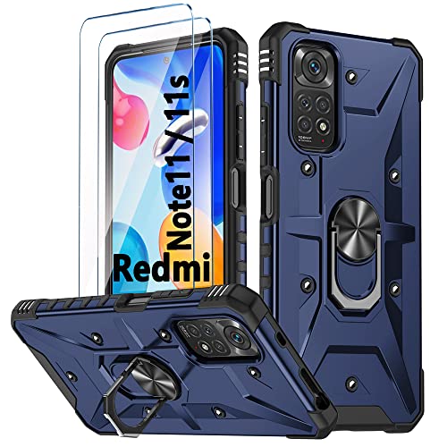 Handyhülle für Xiaomi Redmi Note 11/ Note 11S hülle Silikon mit 2 Stück Hartglas Schutzfolie 360 Metall Ring Ständer Hybrid Militär Stoßfest Kratzfeste Schutzhülle für Redmi Note 11 - Blau von TXXO