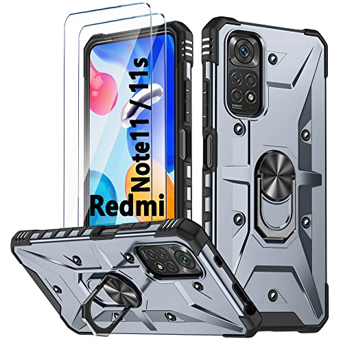 Handyhülle für Xiaomi Redmi Note 11/ Note 11S hülle Silikon mit 2 Stück Hartglas Schutzfolie 360 Metall Ring Ständer Hybrid Militär Stoßfest Kratzfeste Schutzhülle für Redmi Note 11 - Grau Handyhülle für Xiaomi Redmi Note 11/ Note 11S hülle Silikon mit 2 Stück Hartglas Schutzfolie 360 Metall Ring Ständer Hybrid Militär Stoßfest Kratzfeste Schutzhülle für Redmi Note 11 - Grau von TXXO