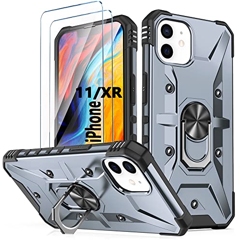 Handyhülle für iPhone 11 / iPhone XR hülle Original Silikon mit 2 Stück Gehärtetes Glas Schutzfolie 360 Metall Ring Ständer Hybrid Militär Stoßfest Kratzfeste Schutzhülle für iPhone 11 6.1'' - Grau von TXXO