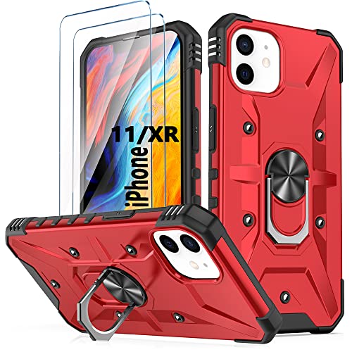 Handyhülle für iPhone 11 / iPhone XR hülle Original Silikon mit 2 Stück Gehärtetes Glas Schutzfolie 360 Metall Ring Ständer Hybrid Militär Stoßfest Kratzfeste Schutzhülle für iPhone 11 6.1'' - Rot von TXXO