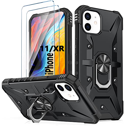 Handyhülle für iPhone 11 / iPhone XR hülle Original Silikon mit 2 Stück Hartglas Schutzfolie 360 Metall Ring Ständer Hybrid Militär Stoßfest Kratzfeste Schutzhülle für iPhone 11 6.1'' - Schwarz von TXXO