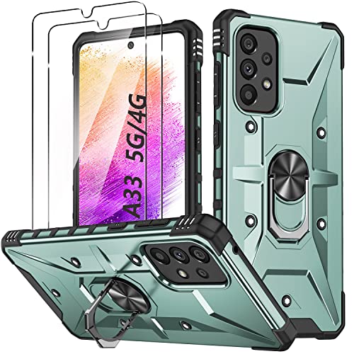 Hülle für Samsung Galaxy A33 5G Handyhülle mit 2 Stück Gehärtetes Glas Schutzfolie Metall Ring Ständer Schutzhülle, Stoßfest Bumper Cover Silikon Case für Samsung A33 (6.4) Schutzhülle - Grün von TXXO