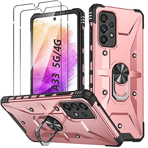 Hülle für Samsung Galaxy A33 5G Handyhülle mit 2 Stück Gehärtetes Glas Schutzfolie Metall Ring Ständer Schutzhülle, Stoßfest Bumper Cover Silikon Case für Samsung A33 (6.4) Schutzhülle - Roségold von TXXO