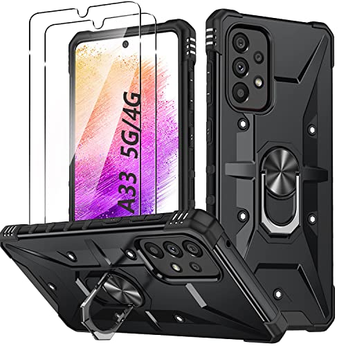 Hülle für Samsung Galaxy A33 5G Handyhülle mit 2 Stück Gehärtetes Glas Schutzfolie Metall Ring Ständer Schutzhülle, Stoßfest Bumper Cover Silikon Case für Samsung A33 (6.4) Schutzhülle - Schwarz von TXXO