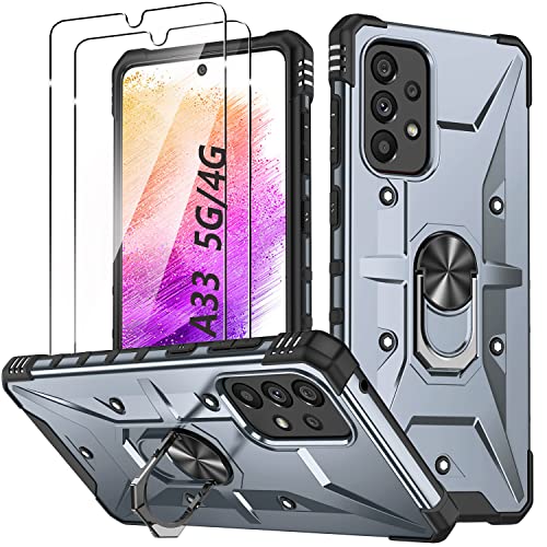 Hülle für Samsung Galaxy A33 5G Handyhülle mit 2 Stück Gehärtetes Glas Schutzfolie Metall Ring Ständer Schutzhülle, Stoßfest Bumper Cover Silikon Case für Samsung A33 (6.4) Schutzhülle - Grau von TXXO