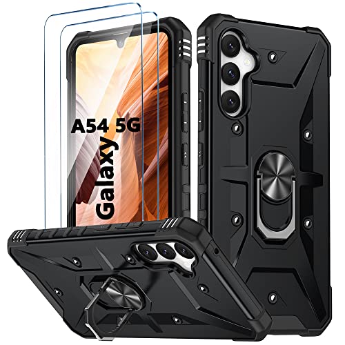 Hülle für Samsung Galaxy A54 5G Handyhülle mit 2 Stück Gehärtetes Glas Schutzfolie Metall Ring Ständer Schutzhülle, Stoßfest Bumper Cover Silikon Case für Samsung A54 (6.4) Schutzhülle - Schwarz von TXXO