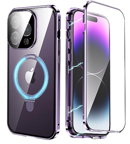 Magnetische 360 Grad Hülle für iPhone 14 Pro Max für MagSafe-Ständer Handyhülle Kameraschutz Durchsichtig Gehärtetes Glas Stoßfest Metal Bumper Schutzhülle für 14 Pro Max Full body Case Dunkellila Magnetische 360 Grad Hülle für iPhone 14 Pro Max für MagSafe-Ständer Handyhülle Kameraschutz Durchsichtig Gehärtetes Glas Stoßfest Metal Bumper Schutzhülle für 14 Pro Max Full body Case Dunkellila von TXXO
