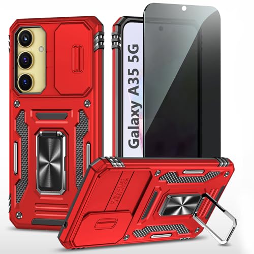 TXXO Schutzhülle für Samsung Galaxy A35 5G, mit Sichtschutz, für Samsung A35, Handyhülle mit Ring und Kamera-Abdeckung, militärisch, stoßfest, kratzfest, Anti-Spionage-Hülle, Rot von TXXO