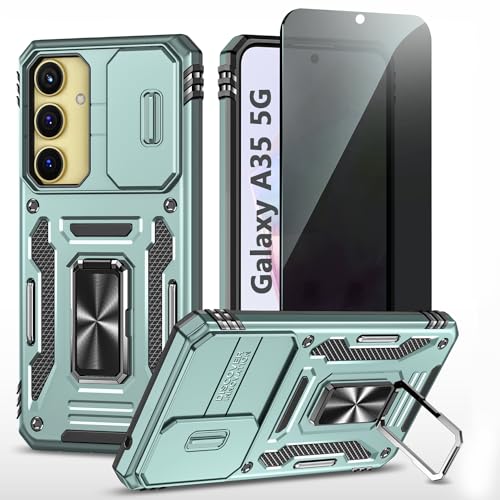 TXXO Schutzhülle für Samsung Galaxy A35 5G, mit Sichtschutzfolie für Samsung A35, mit Ring und Kamera-Abdeckung, militärisch, stoßfest, kratzfest, Anti-Spionage-Schutzhülle für Galaxy A35, Grün von TXXO