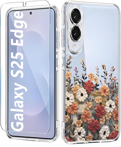 TXXO Schutzhülle für Samsung Galaxy S25 Edge, transparent, Blumenmuster, mit Displayschutzfolie, Kameraschutz, schlanke, stoßfeste Schutzhülle für Samsung S 25 Edge, Blumen-Design TXXO Schutzhülle für Samsung Galaxy S25 Edge, transparent, Blumenmuster, mit Displayschutzfolie, Kameraschutz, schlanke, stoßfeste Schutzhülle für Samsung S 25 Edge, Blumen-Design von TXXO