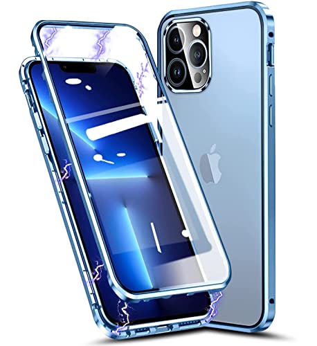 TXXO Schutzhülle für iPhone 13 Pro Max (6,7 Zoll), magnetisch, 360 Grad, stoßfest, Metall, Bumper Full Body + [Kameraschutz] HD Hartglas Transparent Flip Case, alpinblau von TXXO