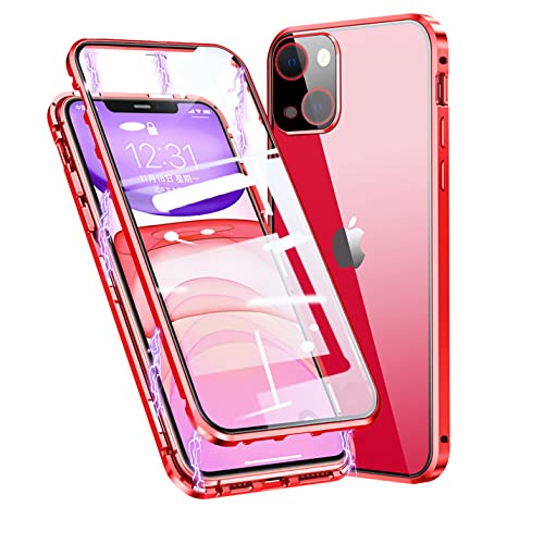 TXXO Schutzhülle kompatibel mit iPhone 13 (6,1 Zoll), magnetisch, 360 Grad, stoßfest, Metall, Bumper Full Body Schutz + [Kameraschutz] HD Hartglas Transparent Flip Case, Rot von TXXO