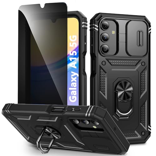 TXXO für Samsung Galaxy A15 Hülle mit Ring Ständer & Privacy Schutzfolie for Samsung A15 Handyhülle [Camera Protection Slide] 360 Stoßfest Silikon Bumper Schutzhülle für Galaxy A15 5G/4G - Schwarz von TXXO