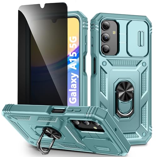 TXXO für Samsung Galaxy A15 Hülle mit Ring Ständer & Privacy Schutzfolie for Samsung A15 Handyhülle [Camera Protection Slide] 360 Stoßfest Silikon Bumper Schutzhülle für Galaxy A15 5G/4G - Grün von TXXO