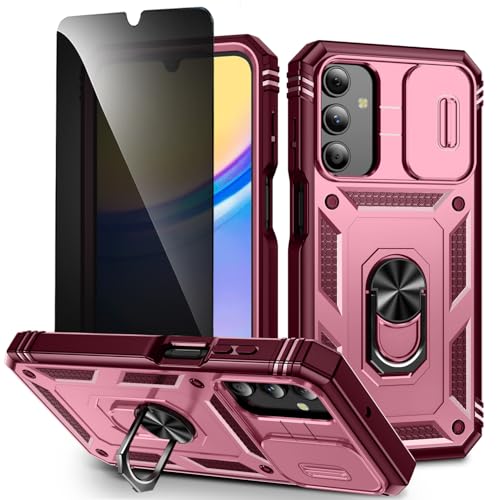 TXXO für Samsung Galaxy A15 Hülle mit Ring Ständer & Privacy Schutzfolie for Samsung A15 Handyhülle [Camera Protection Slide] 360 Stoßfest Silikon Bumper Schutzhülle für Galaxy A15 5G/4G - Rot von TXXO
