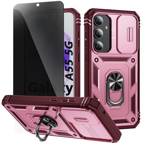 TXXO für Samsung Galaxy A55 Hülle mit Ring Ständer & Privacy Schutzfolie for Samsung A55 Handyhülle [Camera Protection Slide] 360 Stoßfest Silikon Bumper Schutzhülle für Galaxy A55 5G - Rot von TXXO