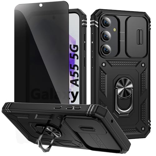 TXXO für Samsung Galaxy A55 Hülle mit Ring Ständer & Privacy Schutzfolie for Samsung A55 Handyhülle [Camera Protection Slide] 360 Stoßfest Silikon Bumper Schutzhülle für Galaxy A55 5G - Schwarz von TXXO