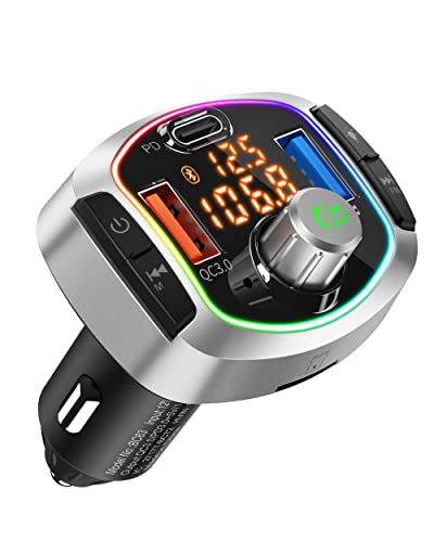 Auto MP3 Player TYKEVO Bluetooth Autofeuerzeug FM Transmitter mit Zwei USB Anschlüssen (Quick Charge QC 3.0, Pen Drive) Typ C PD TF Kartensteckplatz Anzeige mit Batteriespannung von TYKEVO