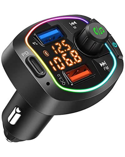 Bluetooth FM Transmitter für Auto TYKEVO Auto Feuerzeug MP3 Player mit Zwei USB Anschlüssen (Quick Charge QC 3.0, Pen Drive) Typ C PD TF Kartensteckplatz Anzeige mit Batteriespannung von TYKEVO