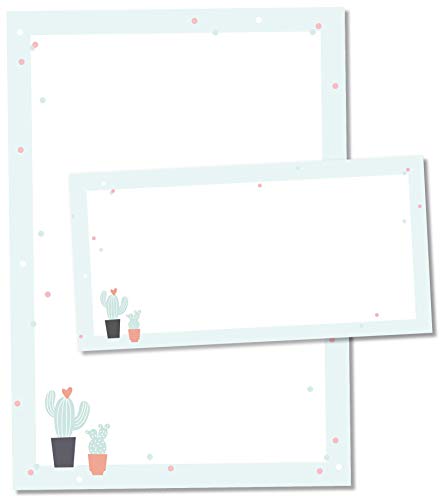TYSK Design Briefpapier Kaktus Mint (Design wählbar) 50 Blatt DIN A4, 25 Umschläge - Papier-Set mit Motiv, Schreibpapier, Designpapier für Briefe, Notizen von TYSK Design